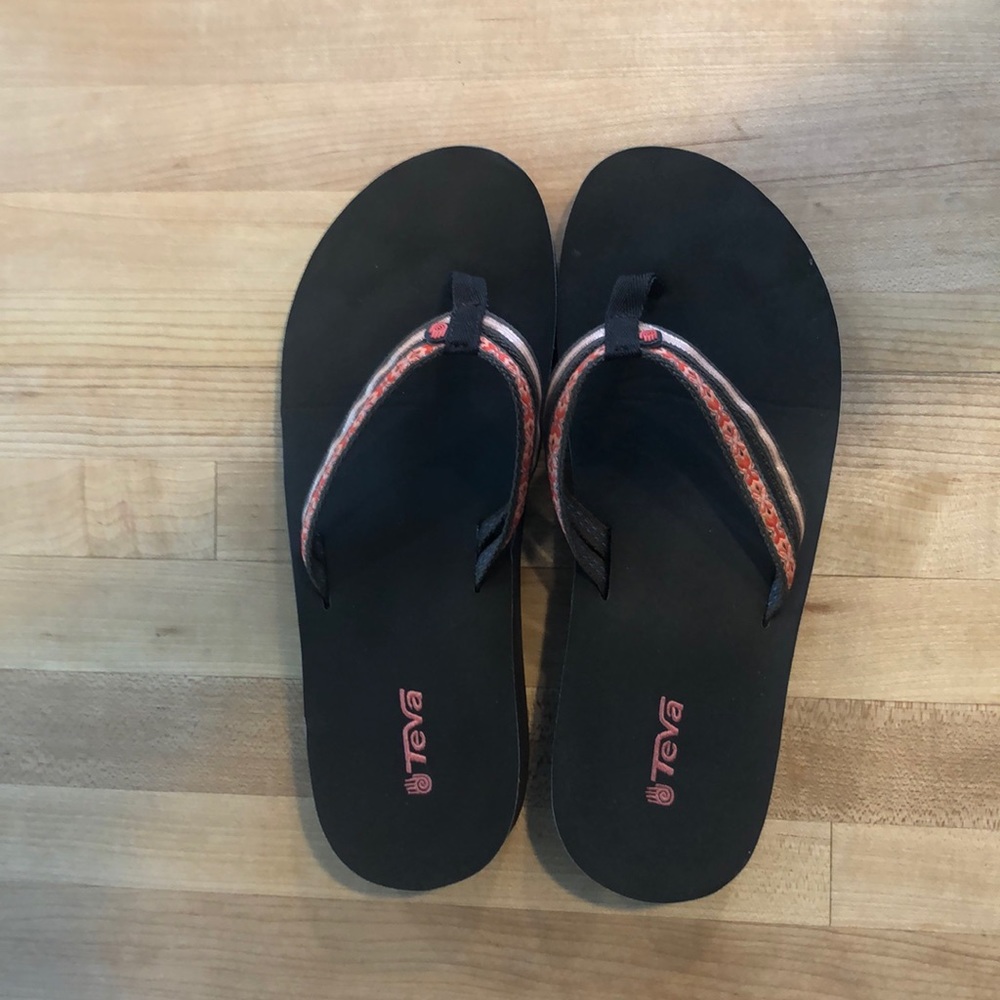 Teva- wedge flip flops- coral color bands -10.5